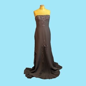 Y2K Reem Acra Brown Silk Strapless Gown with Train